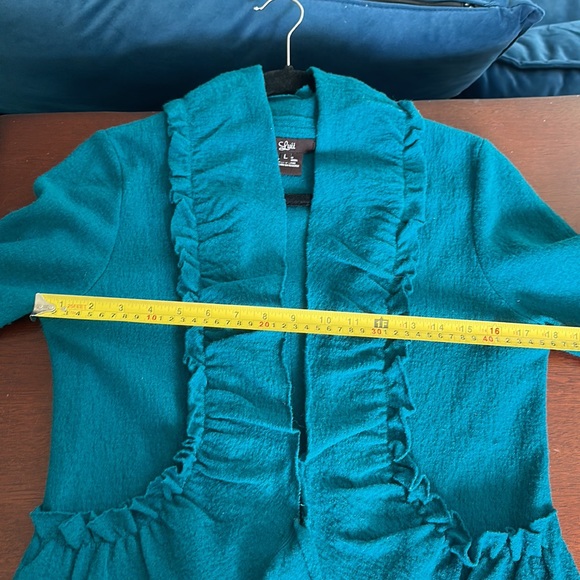 Luii teal wool cardigan jacket Anthropologie anthro large l ruffles - Picture 17 of 17